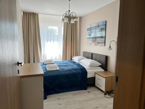 斯维诺乌伊希切Apartament BARI的一间卧室配有一张带蓝色床单的床和一扇窗户。