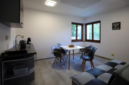 多克西Apartmány FELSENBURG Staré Splavy的厨房以及带桌椅的用餐室。