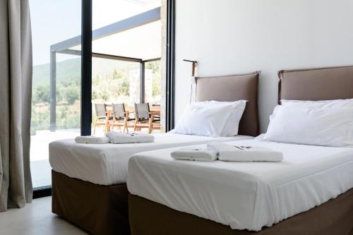 阿约斯尼奇塔斯Mandevilla Hillside Luxury Villas的带大窗户的客房内设有两张单人床。