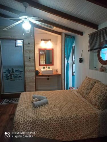 圣吕斯Horizons Caraïbes的一间卧室配有一张床,浴室设有水槽