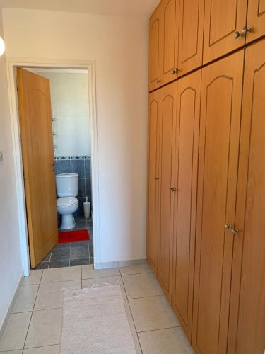 EmbaHoliday Home Emba的一间带卫生间和木制橱柜的浴室