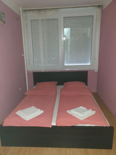 绍尔戈陶尔扬Goldapartman Salgótarján的一间卧室设有两张带红色床单的床和窗户。