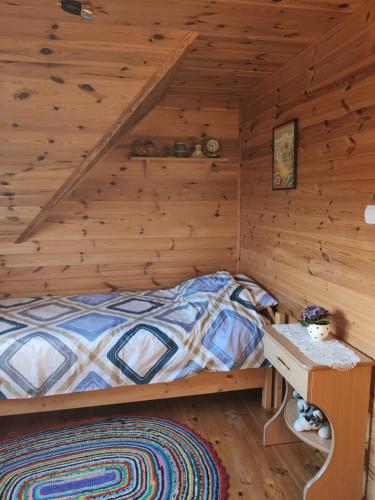 苏瓦乌基Domek nad jeziorem的小木屋内的卧室,配有一张床和一张书桌