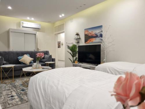 艾卜哈ملحق فخم جداً متكامل بسطح مستقل ومدخل مستقل的一间酒店客房,配有一张床和一台电视