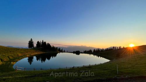 Mozirska KočaApartma Zala, Golte的池塘在田野里,背面是日落