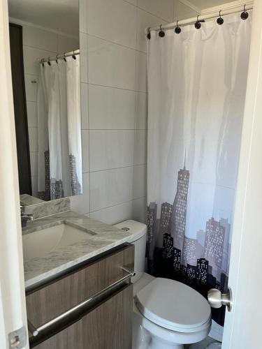 卡拉马Edificio Concepto的浴室设有卫生间、水槽和淋浴帘