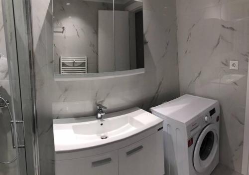 罗德镇Luxury spacious apartment in the heart of the city的一间带水槽和洗衣机的浴室