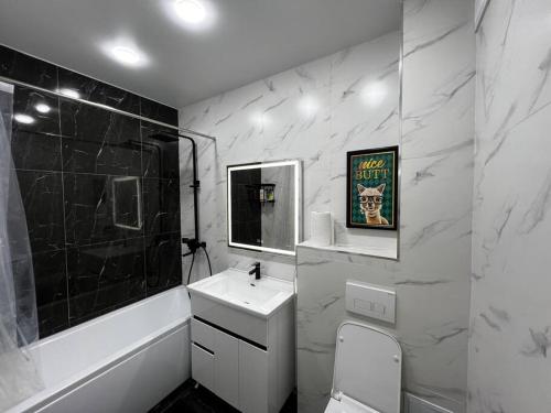 努库斯Entire Apartment in Central Nukus的黑白浴室设有水槽和镜子