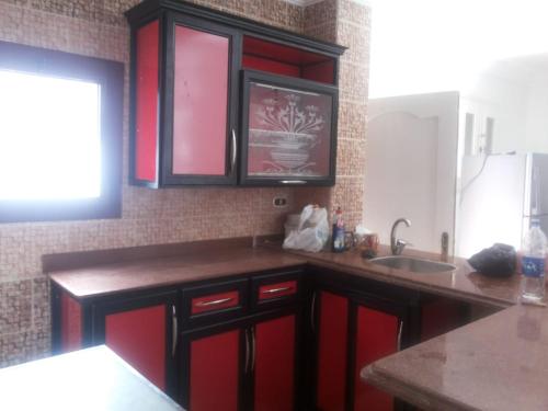 阿莱曼Aida的一间带红色橱柜和水槽的厨房