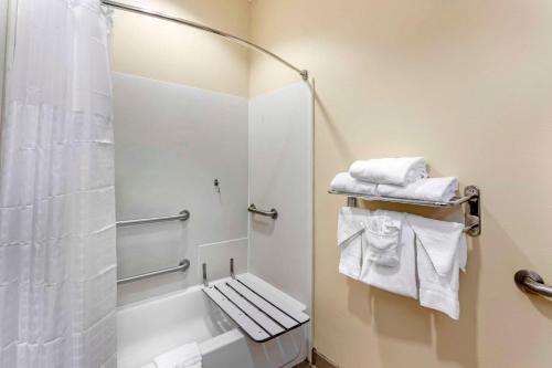布莱斯维尔布莱斯维尔康福特茵酒店及套房的带淋浴和白色毛巾的浴室