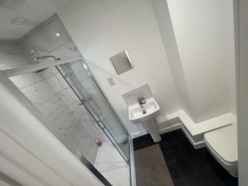 滨海绍森德Modern City Centre Executive Flat的带淋浴、卫生间和盥洗盆的浴室