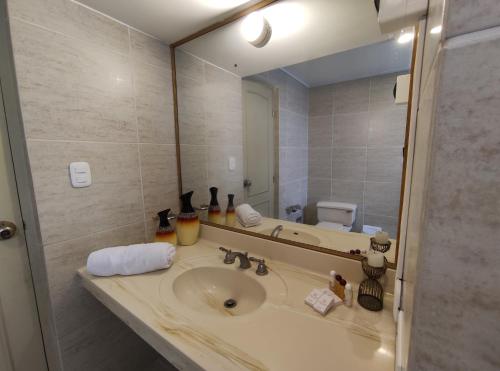 利马Inti Llaqta Hotel & Suites的一间带水槽和大镜子的浴室