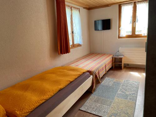 格施塔德Alpenchalet Spiher Gstaad Ferienwohnung im Parterre的一间小卧室,配有一张床和电视