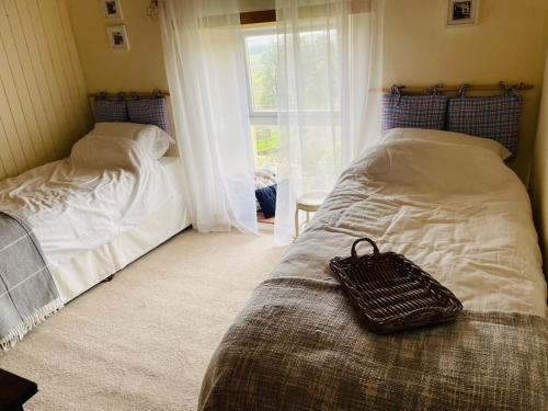斯奇博瑞恩Idyllic Family farmhouse in beautiful West Cork的一间卧室设有两张床和窗户。