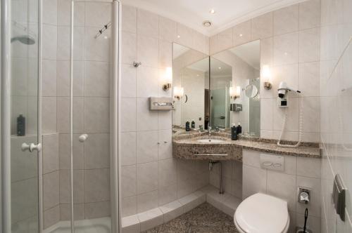 汉堡巴塞尔酒店的带淋浴、卫生间和盥洗盆的浴室