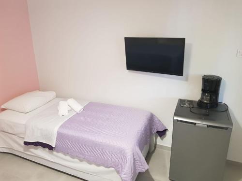 克拉默特Amaya Pine Rooms的一间卧室配有一张床,墙上配有电视