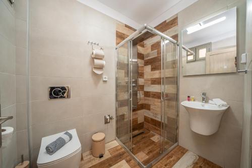 萨米Mirabilia Apartment的带淋浴、卫生间和盥洗盆的浴室