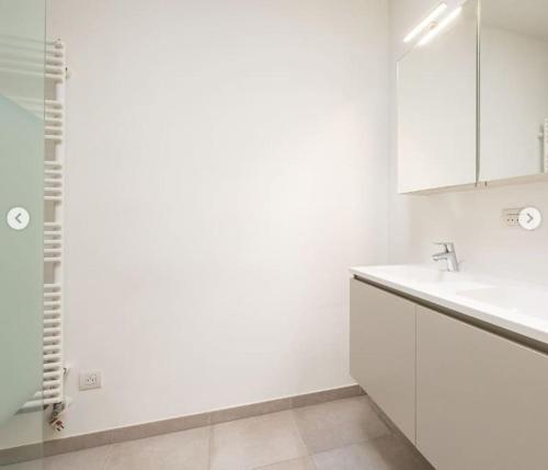 安特卫普Mooi vakantiehuis tussen Breda, Antwerpen, Gent & Hasselt的白色的浴室设有水槽和镜子