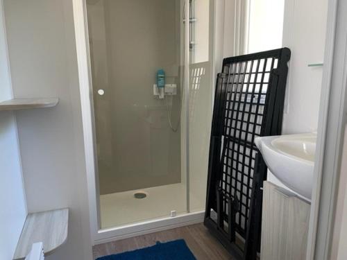 纳博讷普拉日Mobil-home (Clim, Tv)- Camping Narbonne-Plage 4* - 022的一间带玻璃淋浴和水槽的浴室
