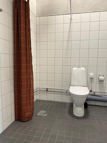 赫尔湾Ohmaria Hotell, del av Ohboy Hotell的浴室设有卫生间和棕色的淋浴帘