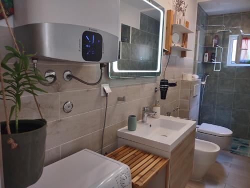 耶尔萨Stone Villa Hvar Ana and Nikola Beachfront的一间带水槽、卫生间和镜子的浴室