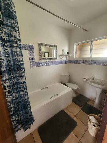 东伦敦6 Bayview的带浴缸、卫生间和盥洗盆的浴室