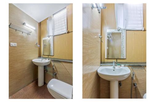 班加罗尔OYO Flagship 81536 Royal Classio的浴室的两张照片,配有水槽和镜子