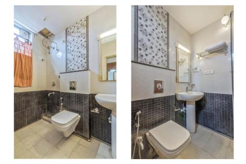 班加罗尔OYO Flagship 81536 Royal Classio的浴室的两张照片,配有卫生间和水槽