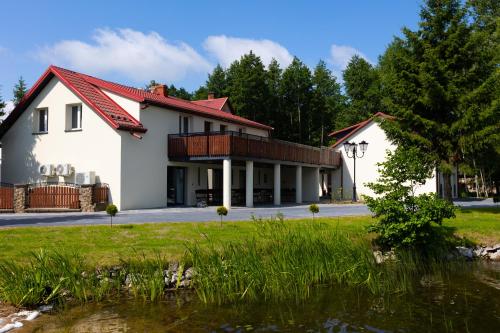 WiżajnyAgroturystyka Kalinka的白色的房子,有红色的屋顶和池塘