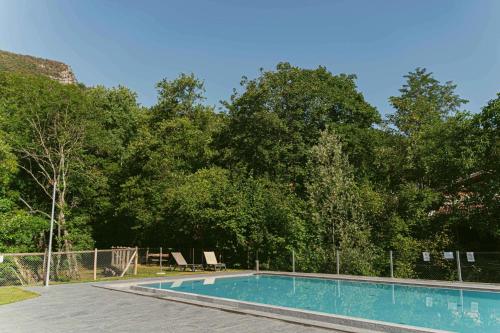 米瑞德Ca Stella Camping del Monte San Giorgio的一座树木繁茂的庭院内的游泳池