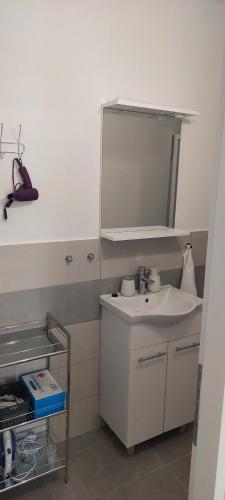 拉布Studio Apartman Tariba的浴室设有白色水槽和镜子