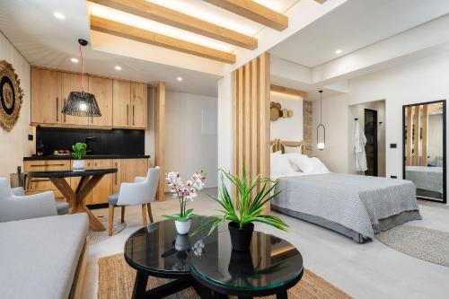 纳克索乔拉Legato Spa Suites的一间卧室设有一张床和一间客厅。