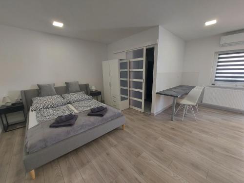 锡盖特堡Belvárosi apartmanház 2的一间卧室配有一张床、一张桌子和一张书桌