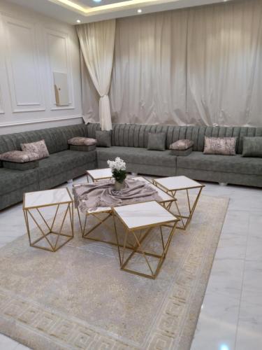海米斯穆谢特شاليه لوسيل的客厅配有沙发和2张桌子