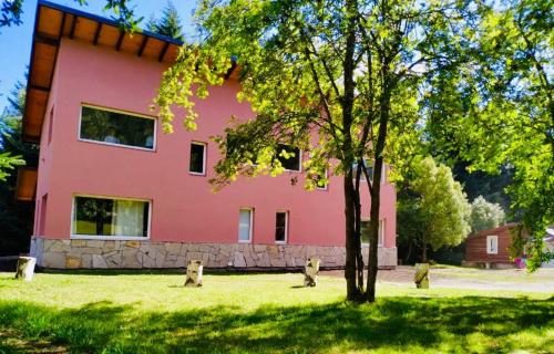拉安戈斯图拉镇Casita Silvestre y Casa Rosa的前面有一棵树的粉红色房子