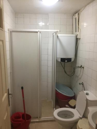 艾瓦勒克SARIMSAKLI MEYDANINDA DENİZE 0 1+1 EŞYALI DAİRE的浴室配有淋浴间和卫生间。