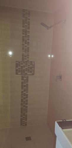 SeacliffBnb with sea views and pool的浴室淋浴墙的十字架