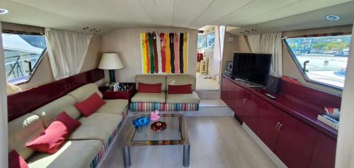 斯培西亚Yacht 18 metri d'epoca的带沙发和电视的客厅
