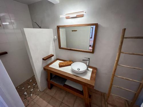 大博格Gîte Côté Mer - Vue mer的一间带水槽和镜子的浴室