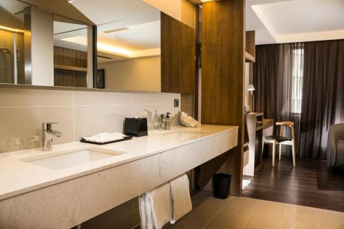 高雄捷丝旅高雄中正馆的一间带两个盥洗盆和大镜子的浴室