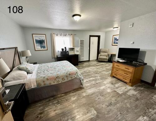 索尔多特纳Alaska Angler's Inn的一间卧室配有一张床、一张书桌和一台电视