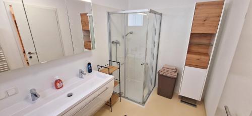 格拉茨Stilvolle moderne 3-Zimmerwohnung的带淋浴和盥洗盆的白色浴室