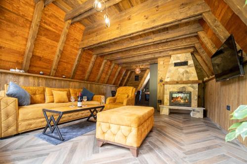 普卢日内Woodland Brezna的带沙发和壁炉的客厅