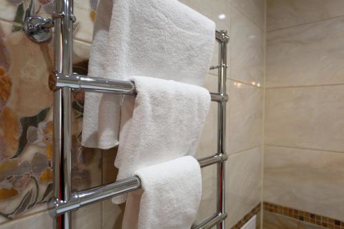 伊尔库茨克欧罗巴酒店的浴室提供毛巾架上的白色毛巾