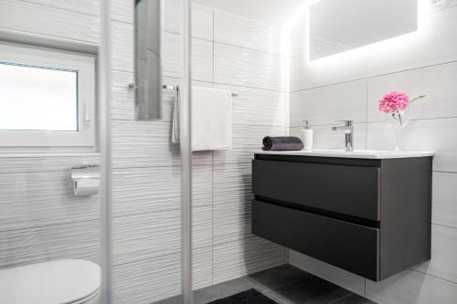 LitijaSobe in apartmaji Bama的白色的浴室设有水槽和卫生间。