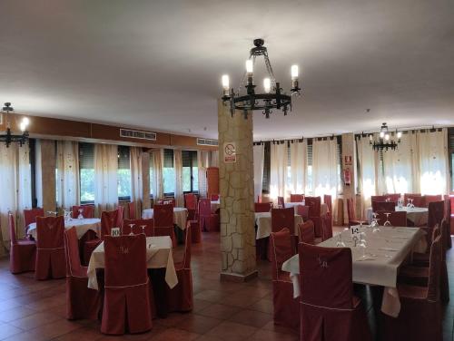 米兰达德尔卡斯塔尼亚尔Hotel Condado de Miranda的宴会厅配有桌椅和吊灯