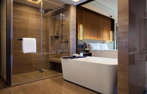 安吉县安吉JW万豪酒店的带浴缸、淋浴和盥洗盆的浴室