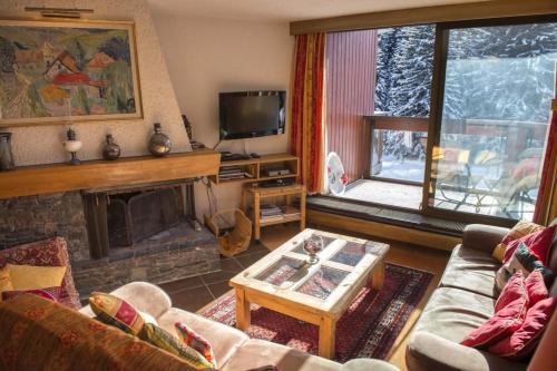 谷雪维尔Luxury apartment near the slopes in Courchevel的带沙发和壁炉的客厅