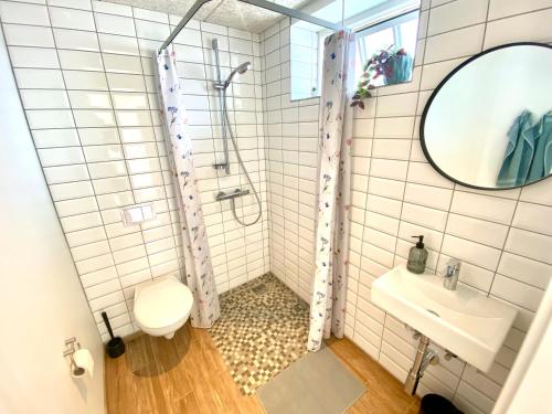 卡鲁普Bøgelund Sleep-in的带淋浴、卫生间和盥洗盆的浴室