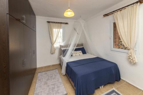 居吕克Refreshing Villa near Milas-Bodrum Airport的一间卧室配有一张带蓝色床单的床和一扇窗户。